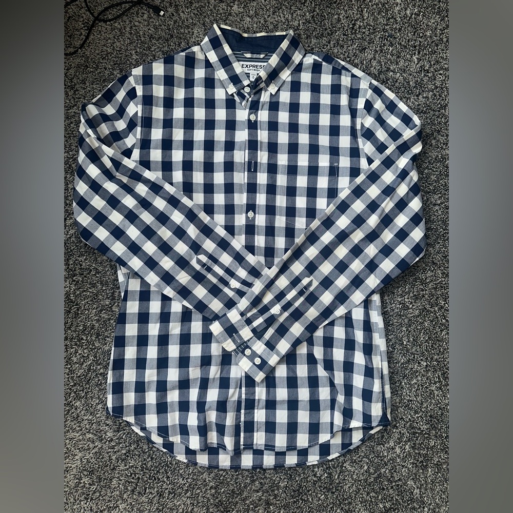 Express Blue and White Casual Button Down Shirt